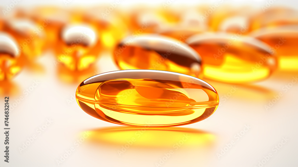 Vitamin E or yellow fish oil or Omega 3-6-9 capsules, ultra close-up macro view Vitamin E or yellow fish oil or Omega 3-6-9 capsules, ultra close-up macro view