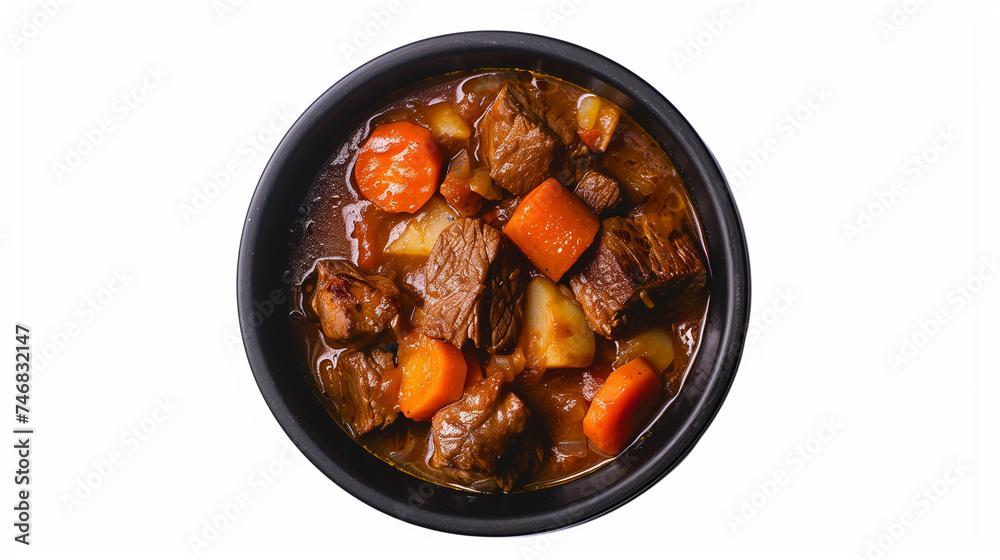 Beef stew with carrot and onion in black bowl isolated on white background