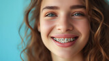 Young girl with braces on her teeth. Smiling with open mouth.
