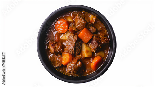 Beef stew with carrot and onion in black bowl isolated on white background