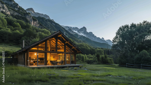 Cottage in the mountains at dawn. The concept of ecological tourism