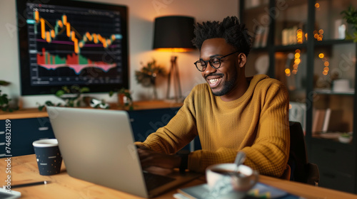 Smiling african american man working on laptop at home office