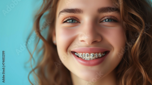 Young girl with braces on her teeth. Smiling with open mouth.
