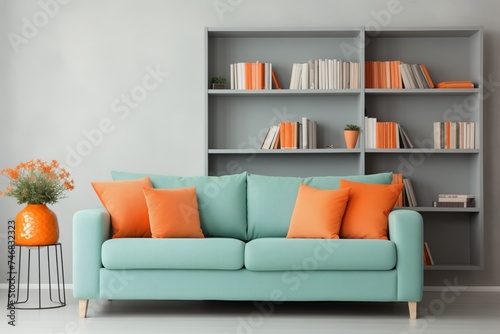 Mint Sofa, Orange Pillows, Bookcase Background, Home Library Interior © panumas