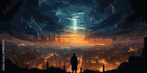 man floating in the sky and destroys the city with evil power, digital art style, illustration painting