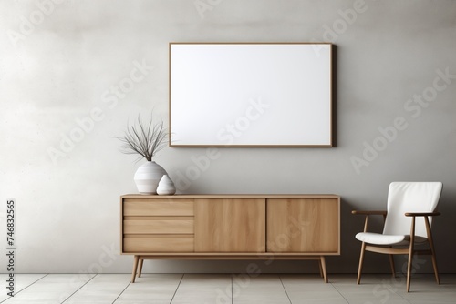 Minimalist Interior Setting, Wooden Cabinet Dresser, Concrete Wall, Empty Space for Display