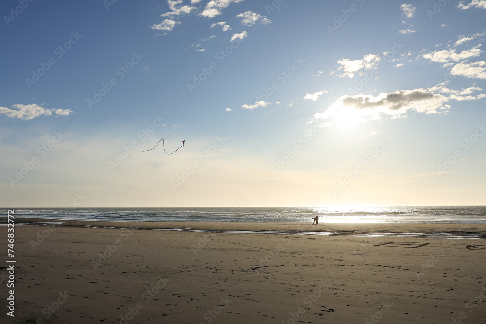 Dad and teenagers flying kites together on the beach at sunset.  Stunt kit with beautiful sky and ocean in the background.