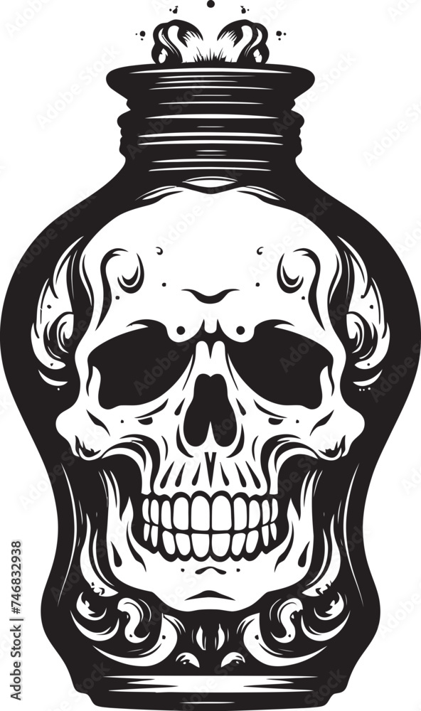 Bone Beverage Bottle Imprisoned Skull Logo Design Eerie Elixir Vector Icon with Skull Captive in Glass Bone Beverage Bottle Imprisoned Skull Logo Design Eerie Elixir Vector Icon with Skull Captive in Glass