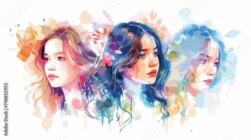watercolor style illustration set of lovely young  photo