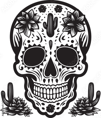 Spine and Succulents Vector Logo of Skull with Cactus Prickled Peril Skull and Cactus Icon Design