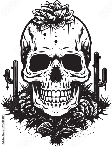 Prickled Peril Vector Design of Skull with Cactus Desert Dread Skull with Cactus Icon Graphic