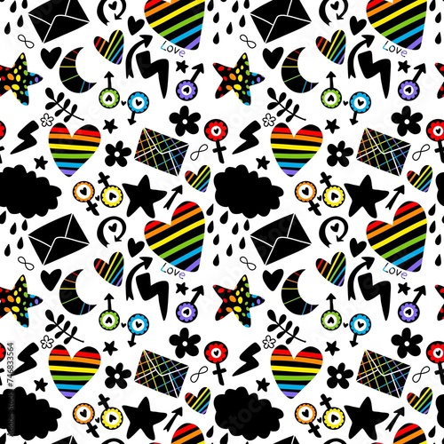 Abstract pride doodle seamless lgbtq rainbow pattern for fabrics and linens and summer party accessories