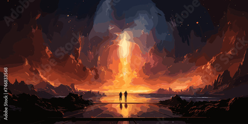 man standing in front of the glowing door that lead to another realm, digital art style, illustration painting