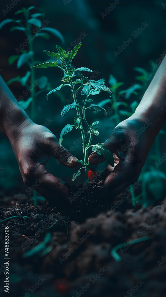 Hands Nurturing a Young Tomato Plant in Soil Hands Nurturing a Young Tomato Plant in Soil
