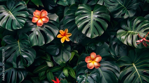 Tropical leaves colorful flower on dark tropical foliage nature background dark green foliage nature © Ziyan Yang