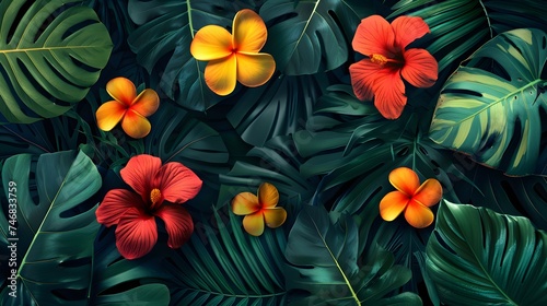 Tropical leaves colorful flower on dark tropical foliage nature background dark green foliage nature © Ziyan Yang