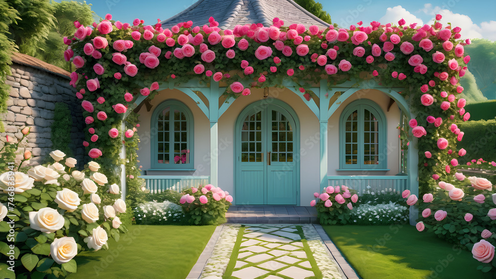 rose, garden, house, flower, flowers, Generative AI,
