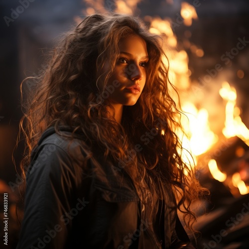Portrait of a girl standing against the background of a burning fire.