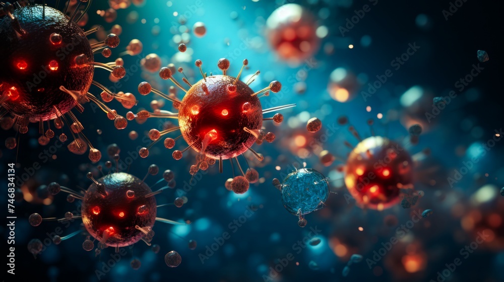 Microscopic view of floating influenza virus cells. Dangerous disease virus, pandemic risk concept. - obrazy, fototapety, plakaty 