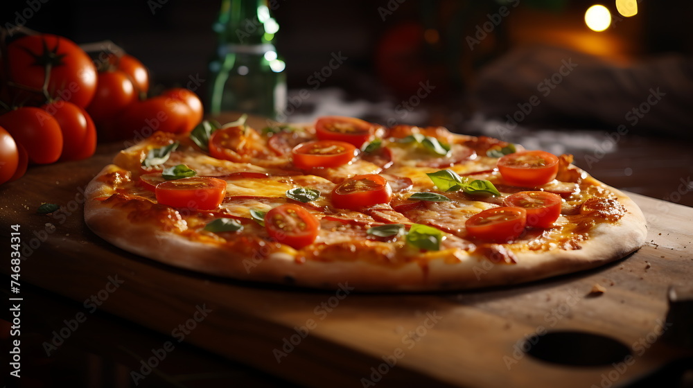 a pizza on wooden board, generative ai