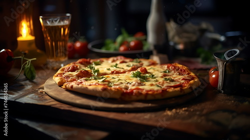 a pizza on wooden board, generative ai