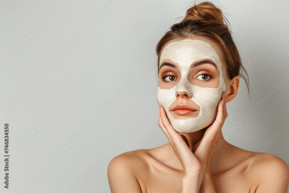 A woman displaying flawless skin showcasing her complexion after skincare treatment with hand under chin against a grey backdrop depicting beauty and self care A woman displaying flawless skin showcasing her complexion after skincare treatment with hand under chin against a grey backdrop depicting beauty and self care