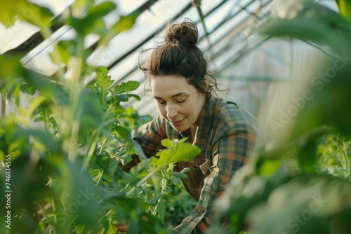 A woman maintains a sustainable organic greenhouse farm growing vegetables for harvest using a portrait tablet and agricultural techniques