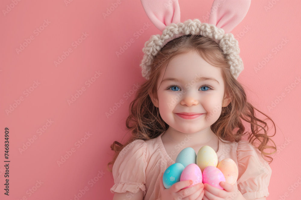 Easter celebration: girl with bunny ears, holding colorful eggs on pink background - festive portrait Easter celebration: girl with bunny ears, holding colorful eggs on pink background - festive portrait