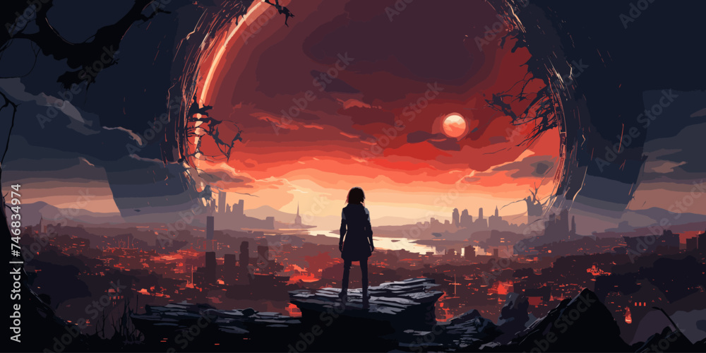 girl with a gun looking at the destroyed futuristic portal in ruin city, digital art style, illustration painting