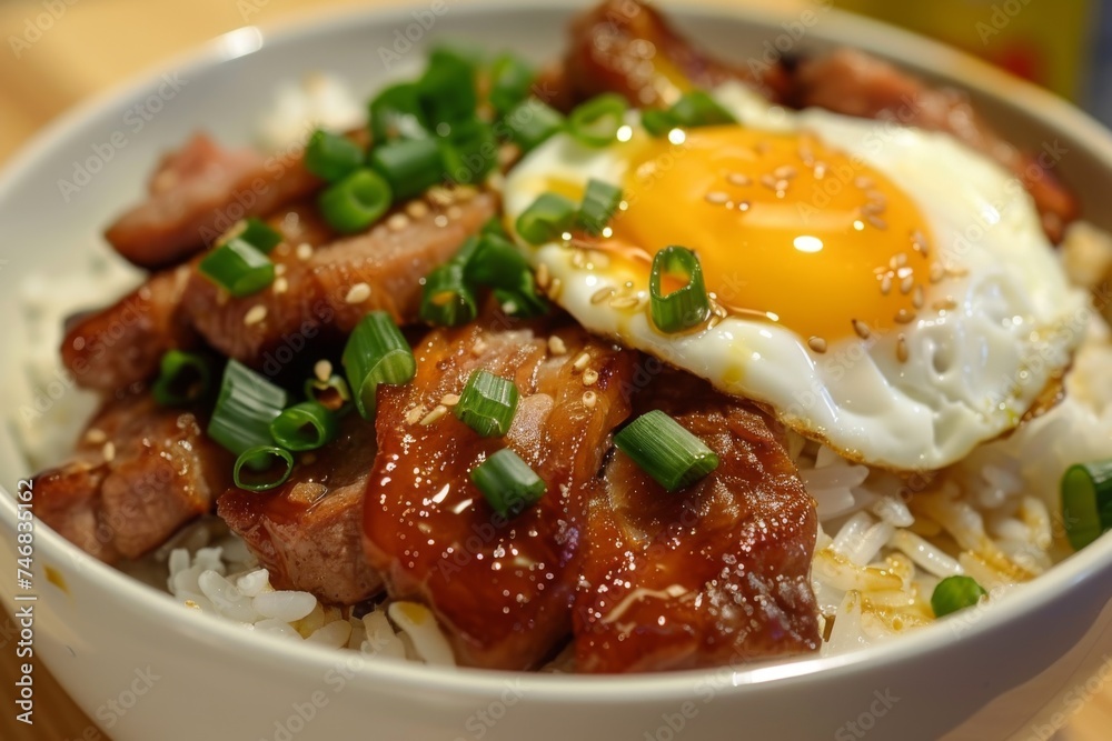 Asian comfort food rice topped with spam and fried egg Asian comfort food rice topped with spam and fried egg