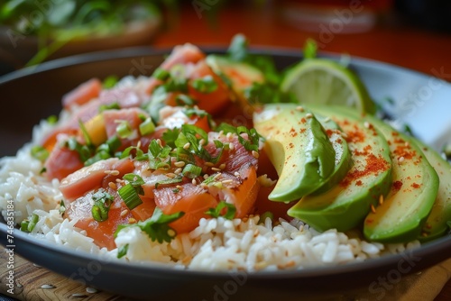 Asian cuisine with luncheon meat and avocado served over rice