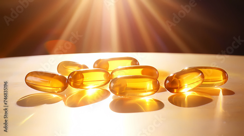 Vitamin E or yellow fish oil or Omega 3-6-9 capsules, ultra close-up macro view