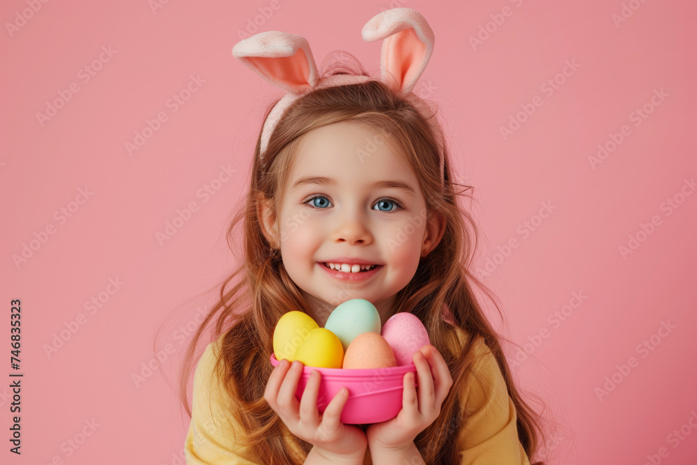 Little girl with rabbit ears: holding colored easter eggs on pink background - holiday joy Little girl with rabbit ears: holding colored easter eggs on pink background - holiday joy