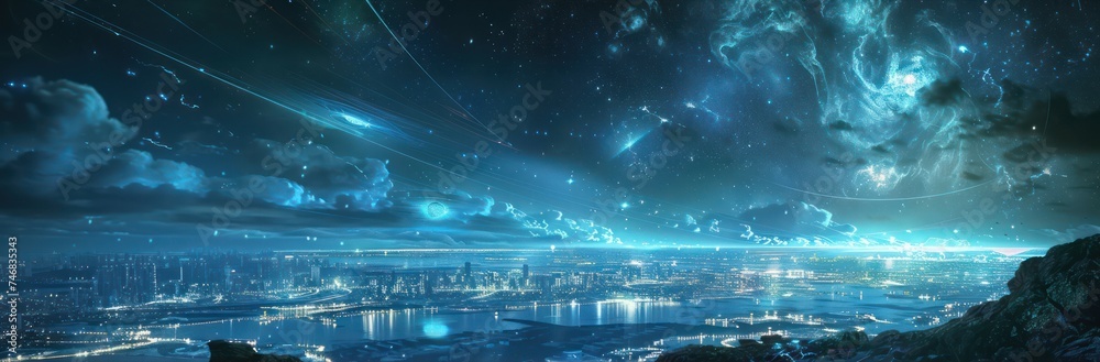 Sparkling night sky over digital landscape with ethereal lights