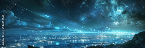 Sparkling night sky over digital landscape with ethereal lights © SwiftCraft