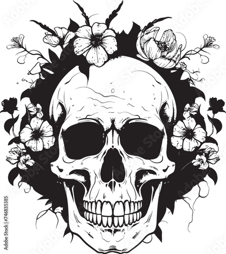 Rosy Remains Thick Line Art Flower Skull Icon Garden Ghoul Floral Skull Logo Design with Bold Lines