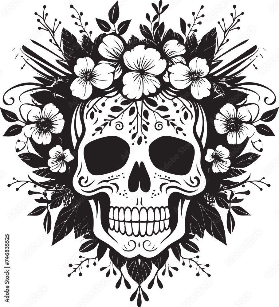 Obraz premium Botanic Bones Floral Skull Vector Icon Design Bloomed Boneyard Thick Line Art Logo with Flower Skull