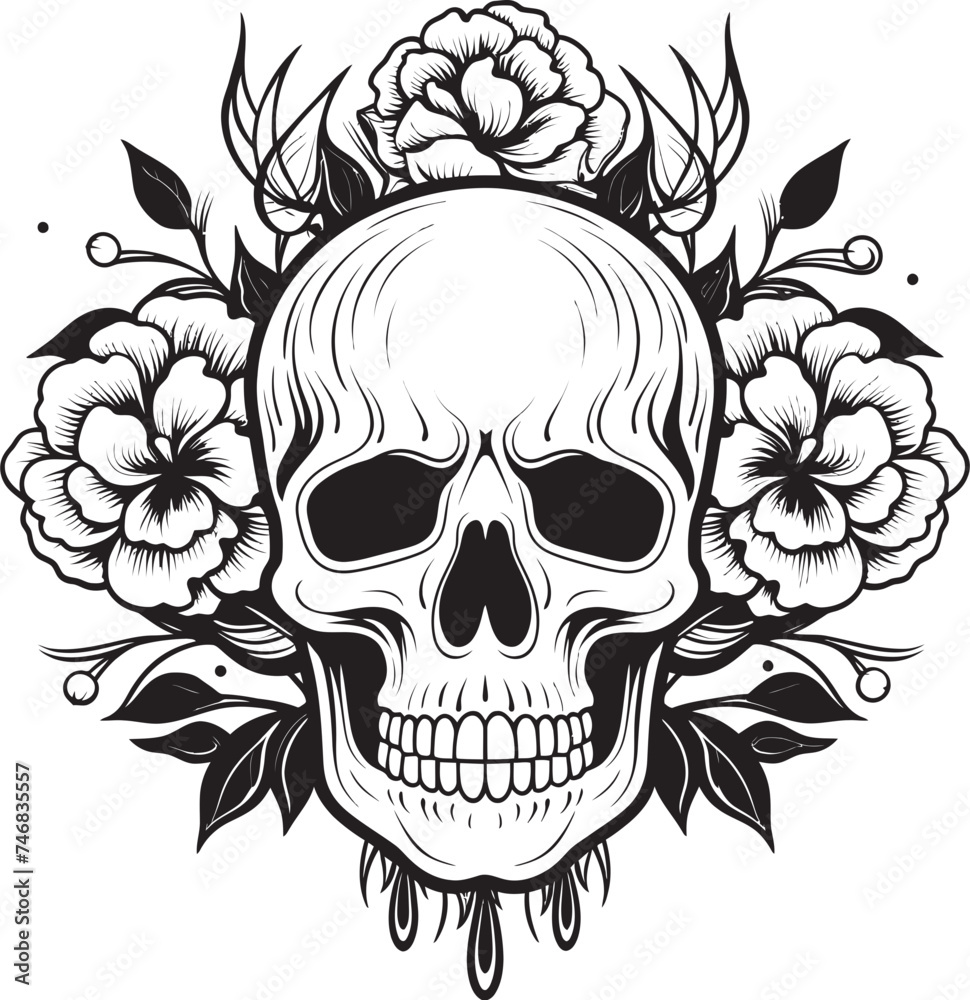 Garden Ghoul Floral Skull Logo Design with Bold Lines Bouquet Bones Thick Line Art Flower Skull Vector Graphic