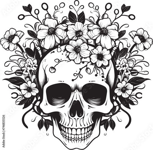 Bloomed Boneyard Thick Line Art Logo with Flower Skull Floral Frenzy Flower Skull Graphic in Bold Line Art