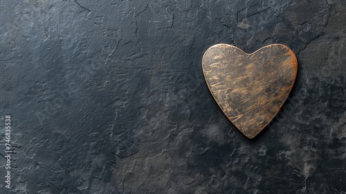 A weathered, golden heart-shaped object lies against a textured dark slate background