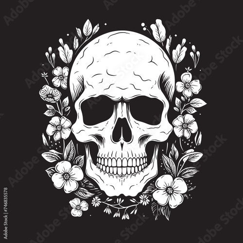 Rosy Remains Thick Line Art Flower Skull Icon Garden Ghoul Floral Skull Logo Design with Bold Lines