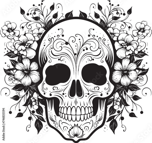 Rosy Remains Thick Line Art Flower Skull Icon Garden Ghoul Floral Skull Logo Design with Bold Lines
