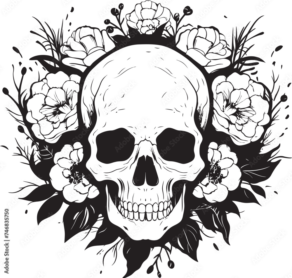 Fototapeta premium Floral Frenzy Flower Skull Graphic in Bold Line Art Rosy Remains Thick Line Art Flower Skull Icon