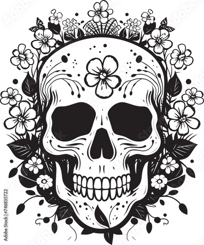 Bloomed Boneyard Thick Line Art Logo with Flower Skull Floral Frenzy Flower Skull Graphic in Bold Line Art