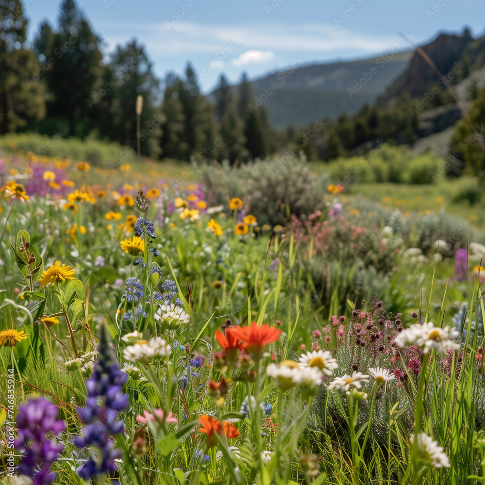 Obraz premium Wildflowers Bloom in Sunlit Mountain Meadow