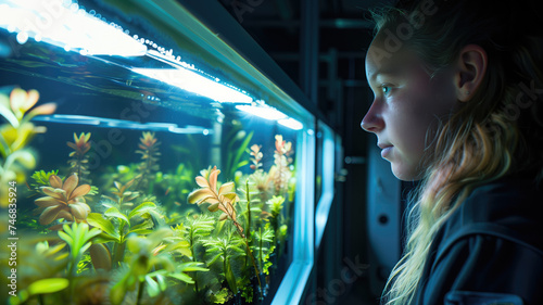 A young woman is intently observing the vibrant plant life inside a luminous aquarium