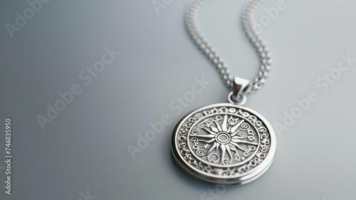 A silver pendant with intricate designs on a light grey background