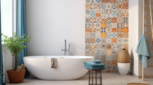 Nowoczesna jasna łazienka w stylu boho. Ozdobna ściana i wanna, akcesoria i dodatki w niebieskim kolorze. Wizualizacja render 3d. Inspiracja na wystrój wnętrza. Mockup na obraz. Ramka na plakat maroko photo