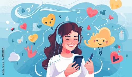 happy multicultural woman with a smartphone social media and online education portrait diverse vector illustration