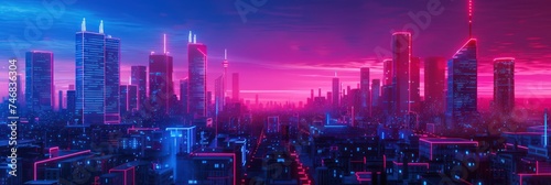Dusk cityscape with glowing skyscrapers